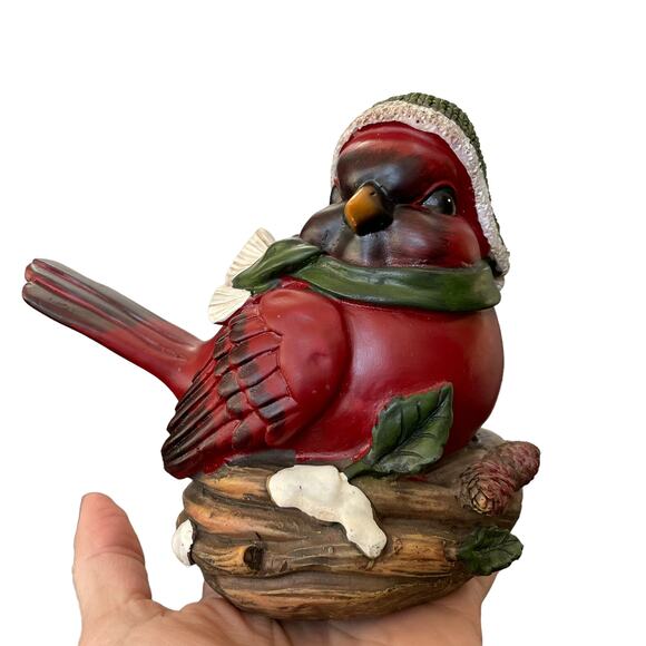 Cardinal Bird In Nest Figure Red Green Hat Scarf Winter Resin Decor CHIP READ - Picture 12 of 14